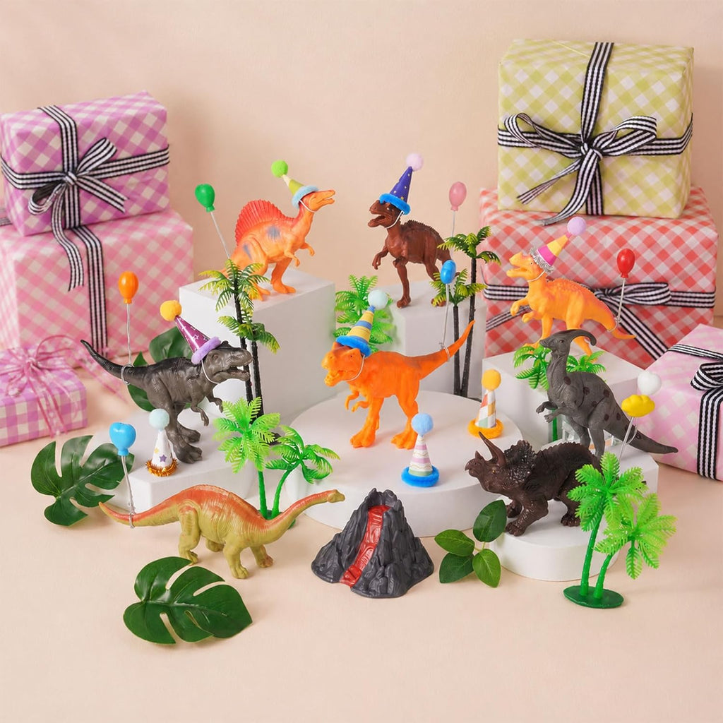 49 Pcs Dinosaur Birthday Cake Decorations, 8 Dinosaur Cake Topper with 1 Volcanic 8 Birthday Hat 8 Mini Balloon Decorations 24 Green Artificial Plant Decorations