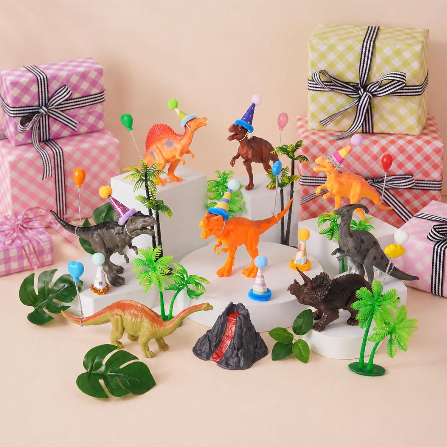 49 Pcs Dinosaur Birthday Cake Decorations, 8 Dinosaur Cake Topper with 1 Volcanic 8 Birthday Hat 8 Mini Balloon Decorations 24 Green Artificial Plant Decorations