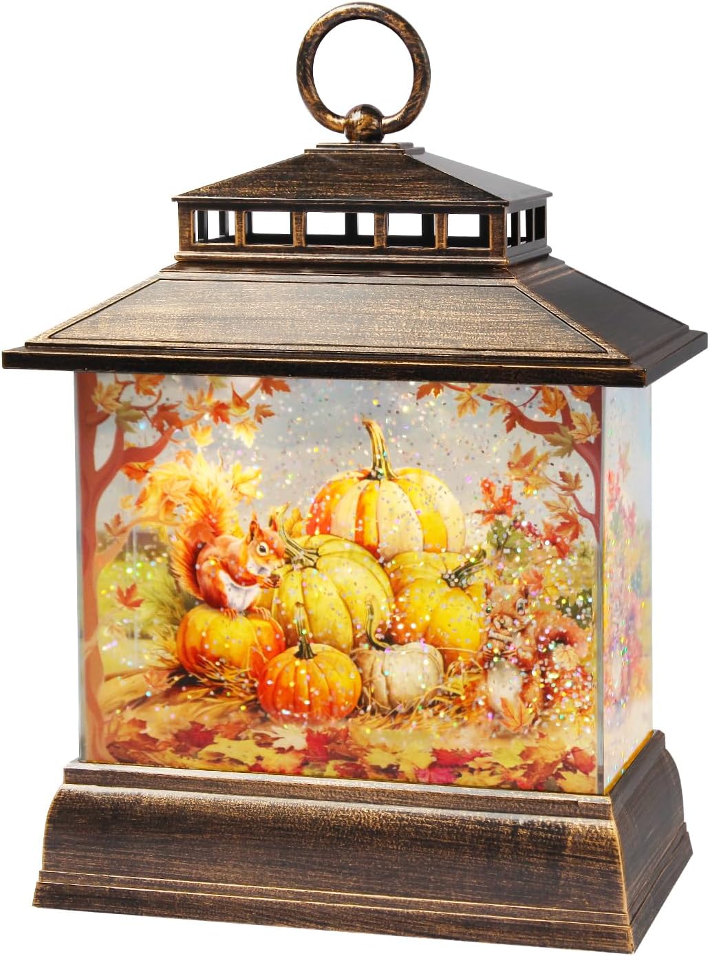 Fall Snow Globe Lantern Thanksgiving Pumpkins and Squirrels Water Lantern with Swirling Glitter 6H Timer Remote Control Fall Decorations for Home Thanksgiving Autumn Harvest (Pumpkin and Squirrel)