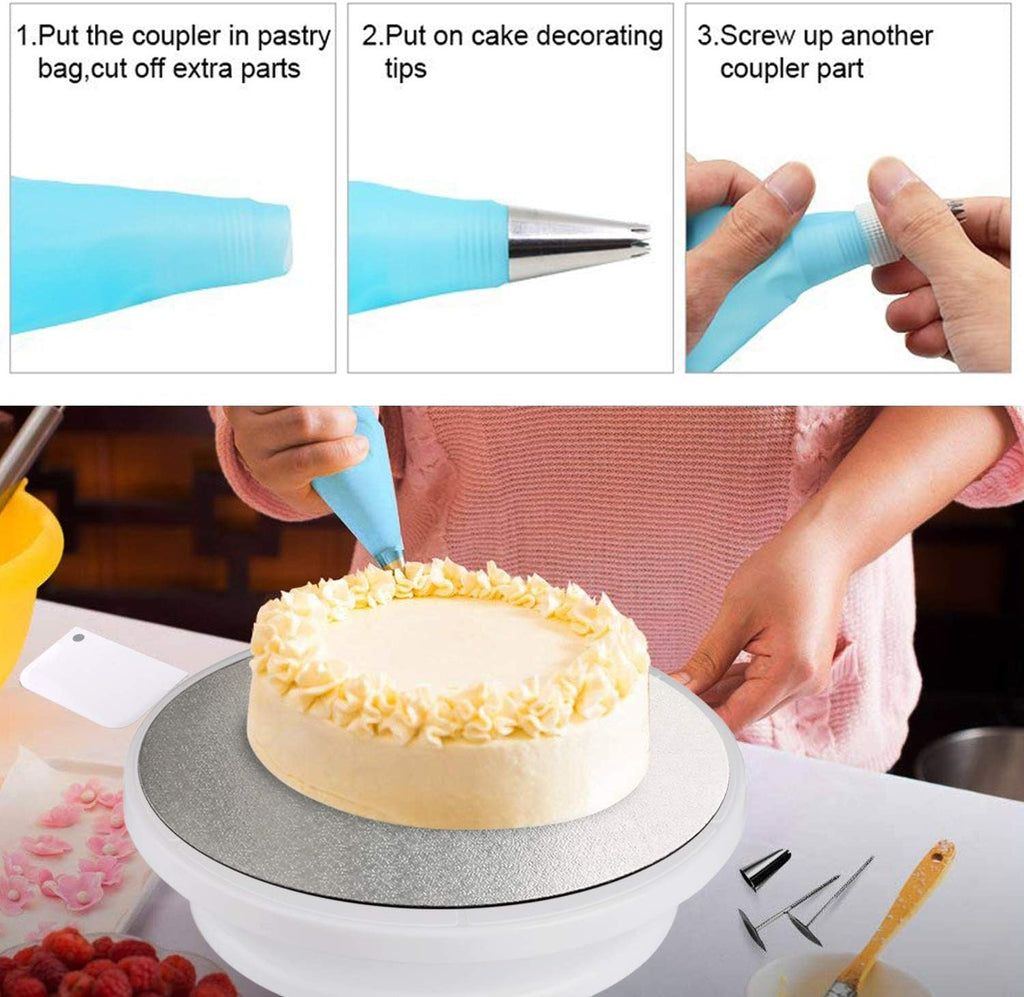 Cake Decorating kit - Cake Turntable and 10 inch Cake Board,2 Icing Spatula 3 Cake Scrapers,Cake Brush,Cake Flower Lifter,Cake Pen,3 Pastry Bags 24 Stainless Icing Tip 6 Piping Tip Couplers