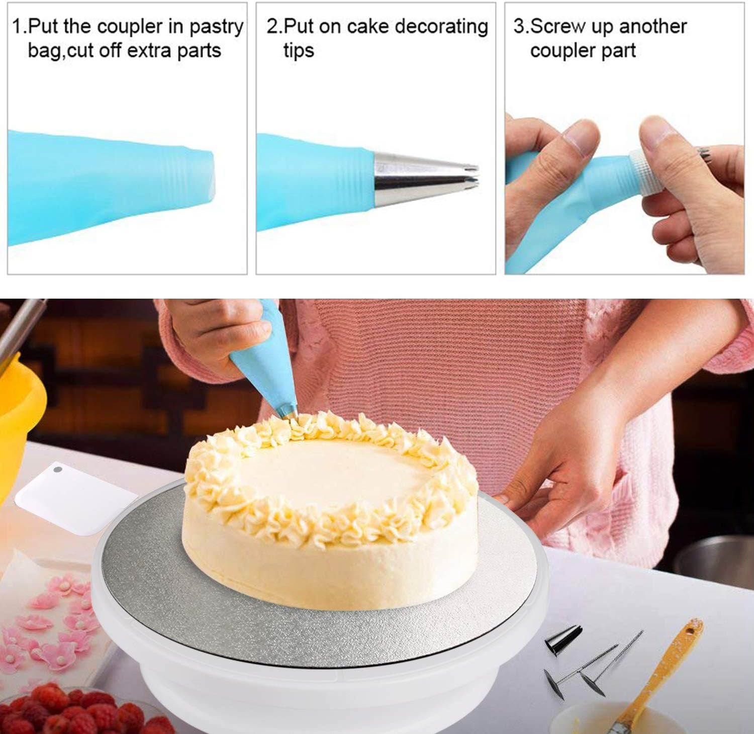 Cake Decorating kit - Cake Turntable and 10 inch Cake Board,2 Icing Spatula 3 Cake Scrapers,Cake Brush,Cake Flower Lifter,Cake Pen,3 Pastry Bags 24 Stainless Icing Tip 6 Piping Tip Couplers