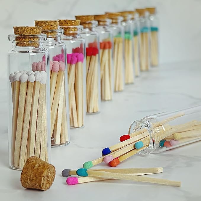 Thankful Greetings 2" Matches in 3 Glass Bottles Cork Top, Striker Stickers Included | 60 Matchsticks Color of Your Choice | Decorative Safety Matches w/Small Glass Holder | Gifts & Home Decor