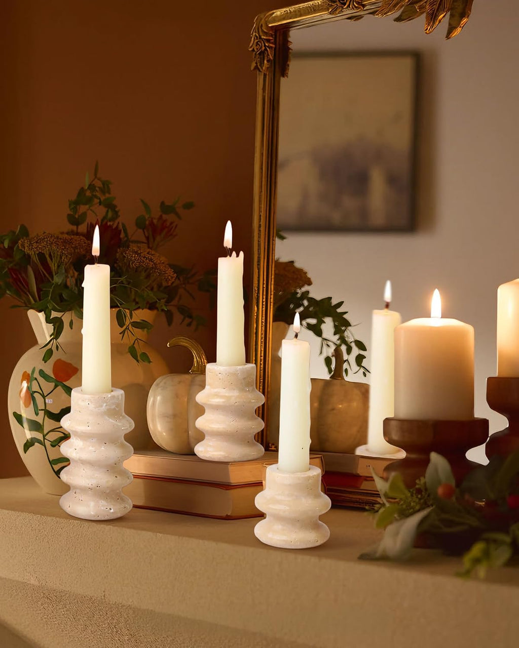 Vixdonos Natural Stone Candle Holder Set of 3 Taper Candle Candlestick Mantle Candle Stand for Home Decor,Wedding,Party and Table Centerpieces(White)