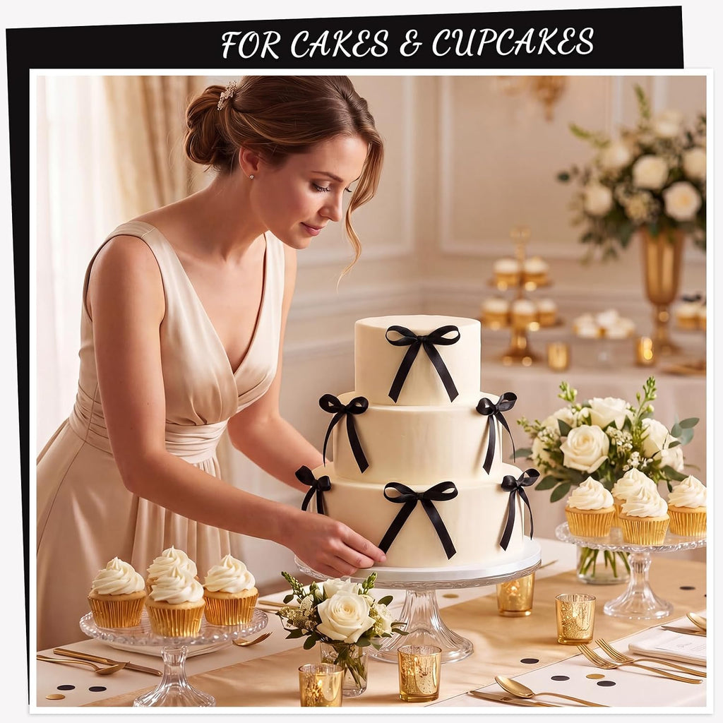 30PCS Black Ribbon Bows for Cakes Pre-Tied Bow Cake Toppers | Ready to Use Cake Bows for Birthday, Wedding, Baby Shower Bachelorette Party and Dessert Display Decorations