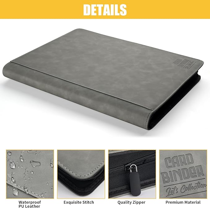 Premium Ringless Trading Card Binder - 1024 Capacity, 16 Side-Loading Pockets per Page, Archival Quality Protection & Anti-Slip Spine for TCG, MTG, Sports Cards (Gray)