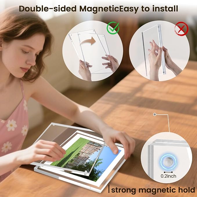 JOHOUSE 2 Pack 8 x 10 Acrylic Picture Frames, Double Sided Magnetic Photo Certificate Frames Self Standing Frameless Transparent for Desktop Display