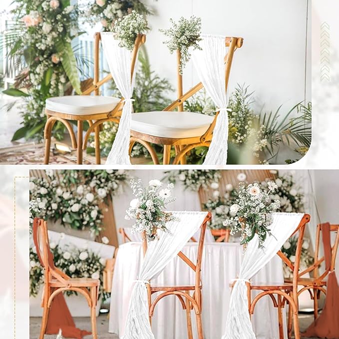 50 PCS Cheesecloth Chair Sashes Bows Wedding Aisle Decorations Chair Ribbon Ties Back Sash for Wedding Party Events Banquet Chair Cover Decoration (White)