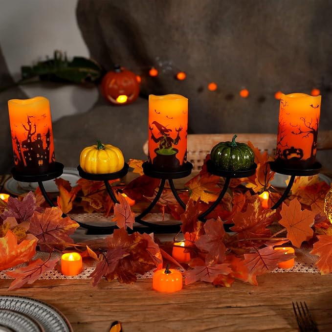 Homemory Halloween Candles, Orange Flameless Candles, Real Wax Flickering Battery Operated LED Pillar Candles with Remote Timers for Halloween Spooky Decoration, Day of The Dead, 3”x6”, Set of 3
