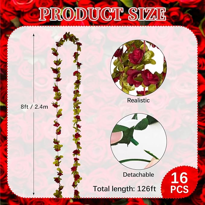 16Pcs 126Ft Burgundy Rose Garland, Fake Rose Hanging Flowers, Artificial Flower Vine, Hanging Floral Vine Garland for Wedding, Birthday Party, Wall Arch, Halloween, Christmas Garden Backdrop Decor