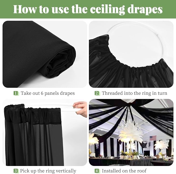 6 Panels Black Wedding Ceiling Drapes 5ftx30ft Ceiling Drapes Chiffon Fabric Arch Draping Sheer Curtains Soft Drapery Draping Wedding Ceiling Decorations for Party Ceremony Stage Swag