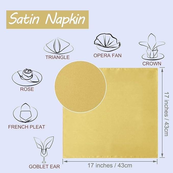 Horbaunal 16 Pack Gold Satin Napkins 17 x 17 Inch, Square Soft Table Dinner Napkins, Silky Cloth Napkins Table Decoration for Weddings Banquets Parties