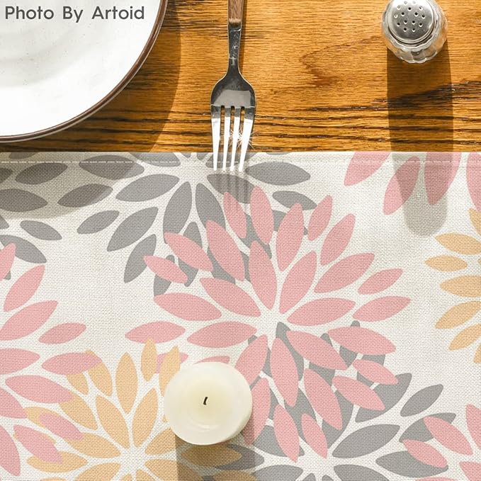 Artoid Mode Pink Dahlia Floral Pinnata Summer Table Runner, Spring Kitchen Dining Table Decoration for Home Party Decor 13x36 Inch
