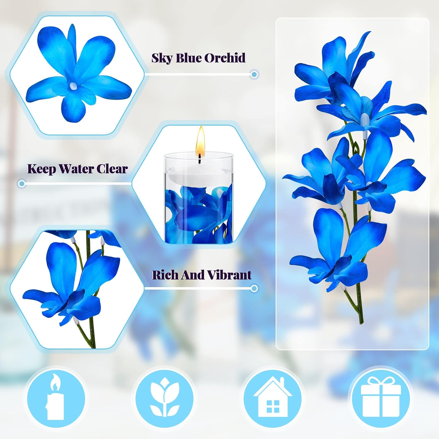 Juexica 28 Pieces Floating Flowers for Centerpieces Blue Orchid Flowers Vase Fillers Unscented Floating Candles for Wedding Table Party Home Decoration