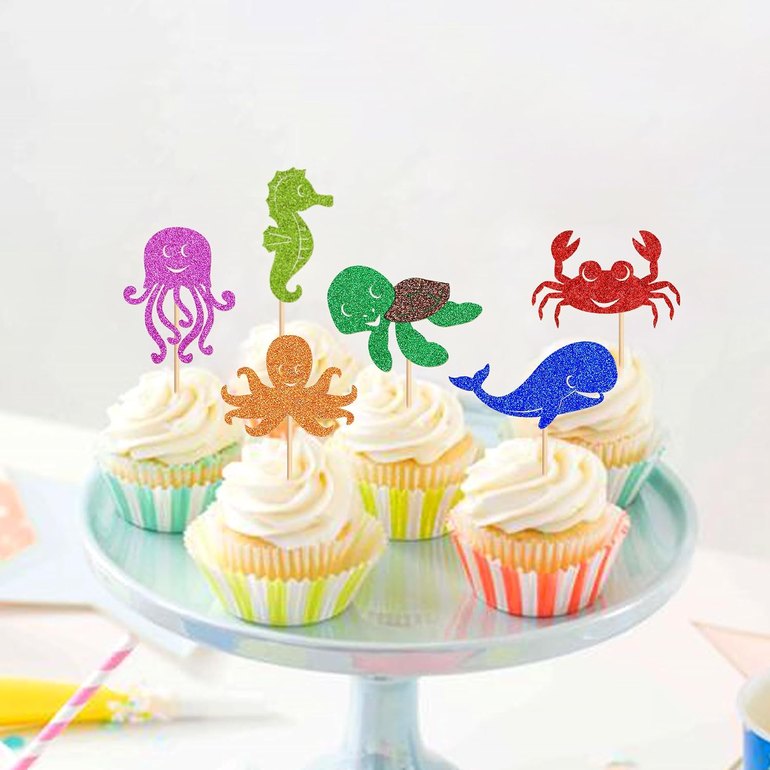 Ercadio 24 Pcs Marine animals Cupcake Toppers Picks Octopus Whale Sea Turtle Jellyfish Sea Horse Crab Cake Under the Sea Beach Cake Decoration Baby Shower Kids Birthday Party Supplies