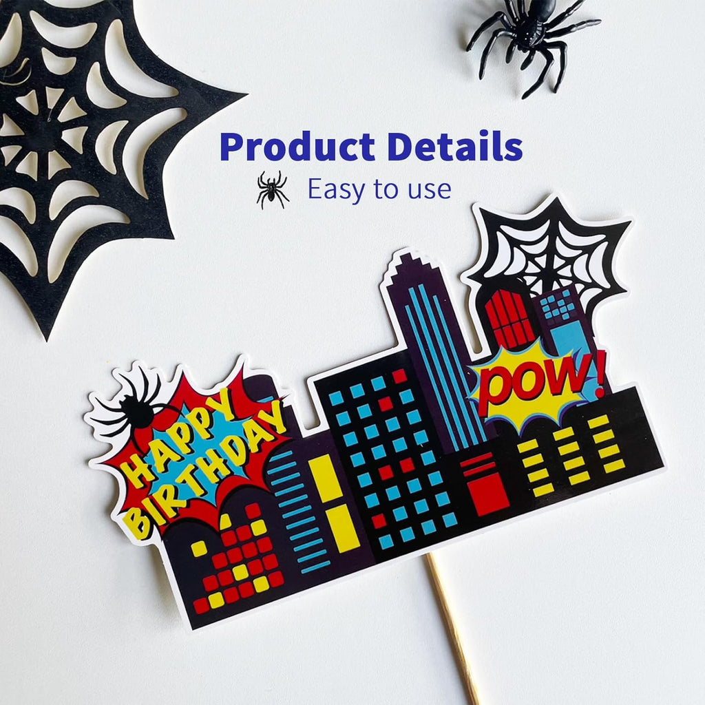 38pcs Spider Cake Topper Balls Cake Decorations Spider Web Cake Decor with Black Red Silver Glitter Blue Balls Spider City Theme Happy Birthday Topper for Boys Men Baby Shower Party Supplies