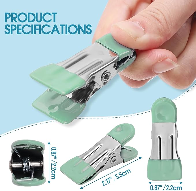 Clothes Pins Heavy Duty 30 Pack - 2.17 Inch Metal Chip Clips, Clothespins for Photo Drying Clothesline Laundry Sock, Bag Clips for Food Kitchen Stainless Steel with Rubber, Light Green