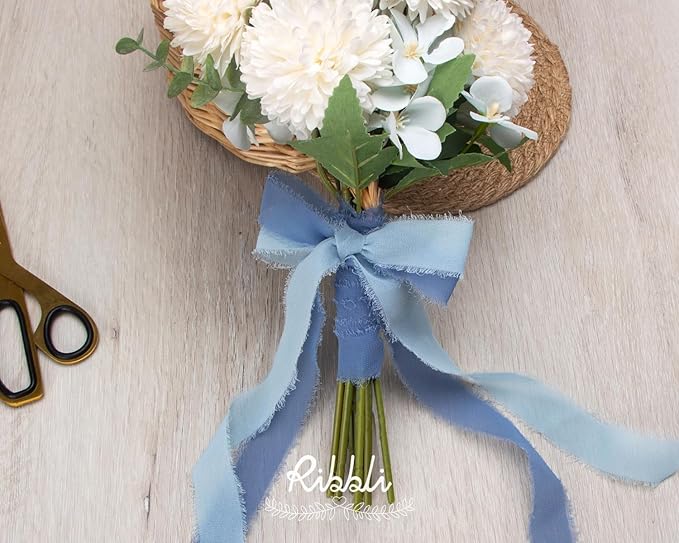 Ribbli Baby Blue Ribbon 1 Inch x 3 Rolls Total 24 Yards Light Blue Handmade Fringe Chiffon Silk Ribbon for Wrapping Wedding Invitations Bridal Bouquets DIY Crafts Home Decor