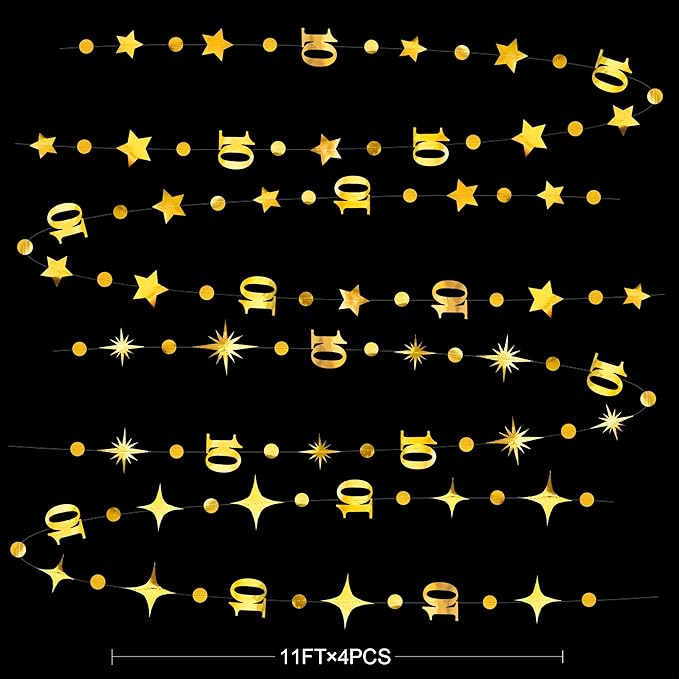 Gold 10th Birthday Decorations Number 10 Circle Dot Twinkle Star Garland Metallic Hanging Streamer Banner Backdrop for Girls Boys Double Digits Ten Year Old Birthday 10th Anniversary Party Supplies