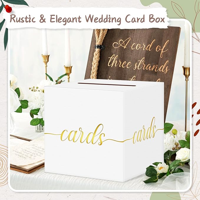QIKSION White Wedding Card Box, Gold Foil Gift Card Box for Party, Wedding Reception, Birthday, Graduation, Baby Shower, Raffle