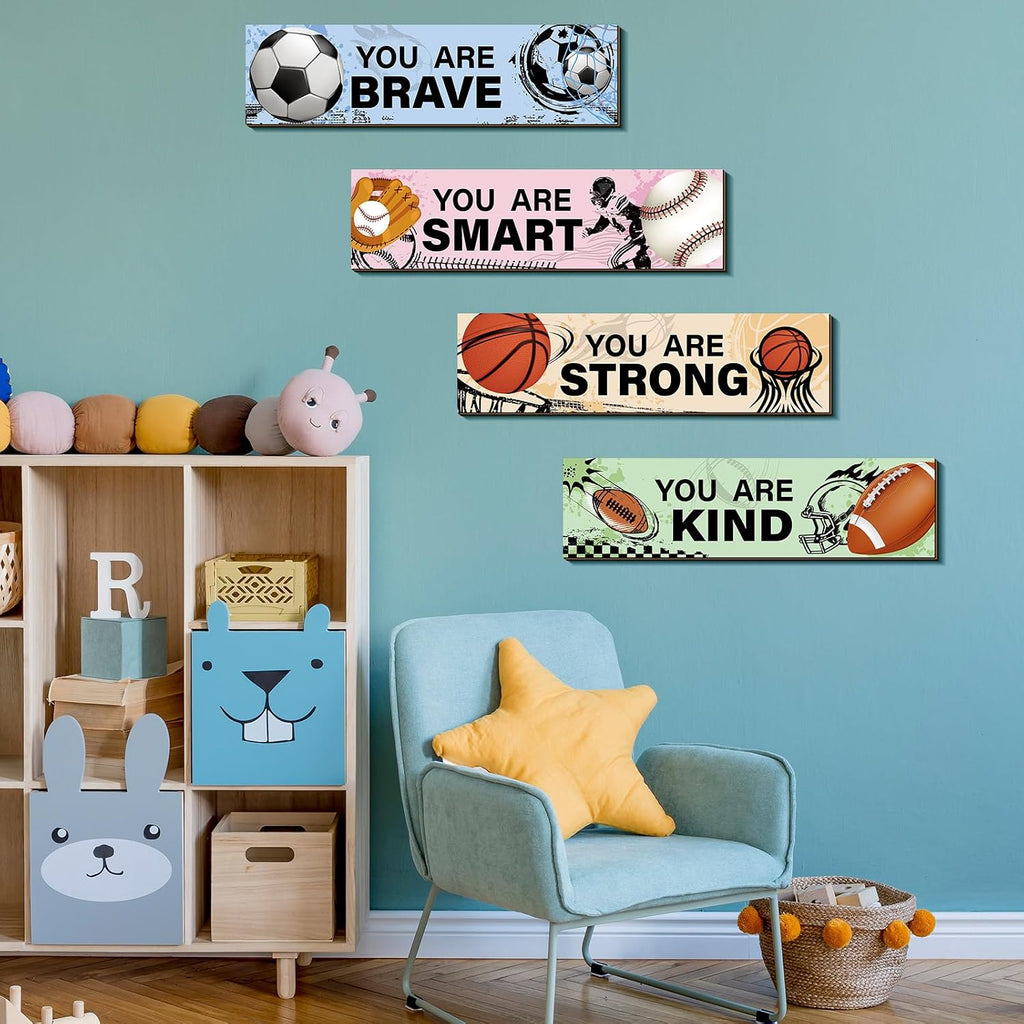 Geetery 4 Pcs Sport Bedroom Wall Decor Boys Room Decor for Kids Soccer Basketball Baseball Football Wall Art Inspirational Wooden Hanging Sign for Boys Girls Kids Nursery Playroom Kindergarten