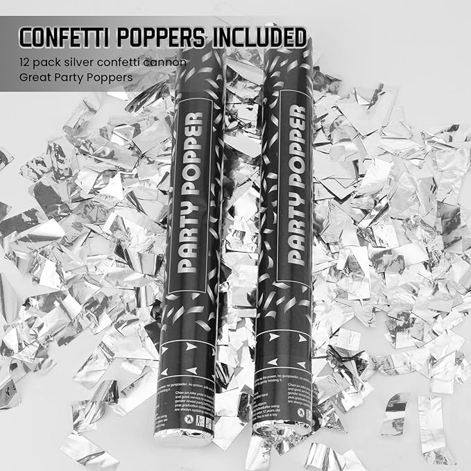 Party Poppers Confetti Cannon 12 Pack Silver Poppers 12 Inch Party Shooters Mylar Confetti Silver Foil Confetti Cannons Bulk for Wedding Birthday Graduation Baby Gender Reveal Christmas New Year