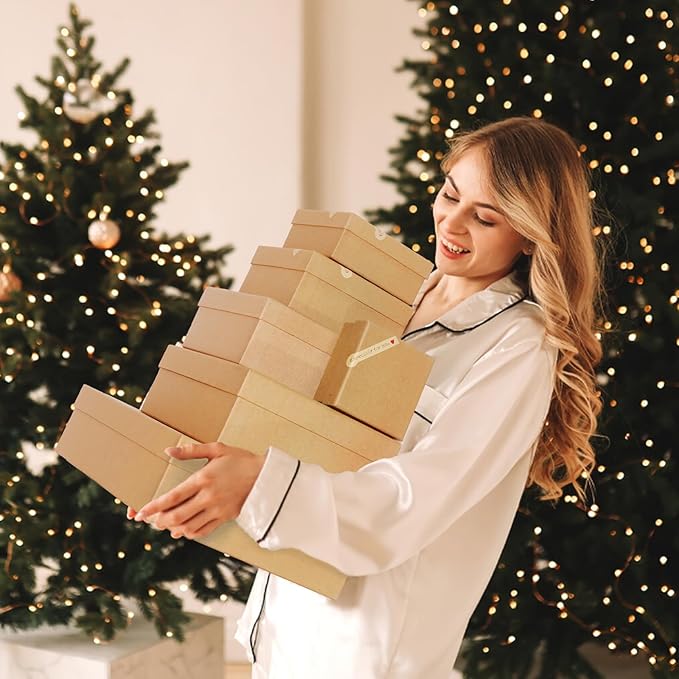 Giftilious Gift Boxes with Lids for Presents, Set of 6 Empty Gift Boxes, Natural and Rustic Kraft Gift Wrap Boxes, Versatile Gift Box for Christmas,Birthday, Anniversaries, Weddings and Any Occasion