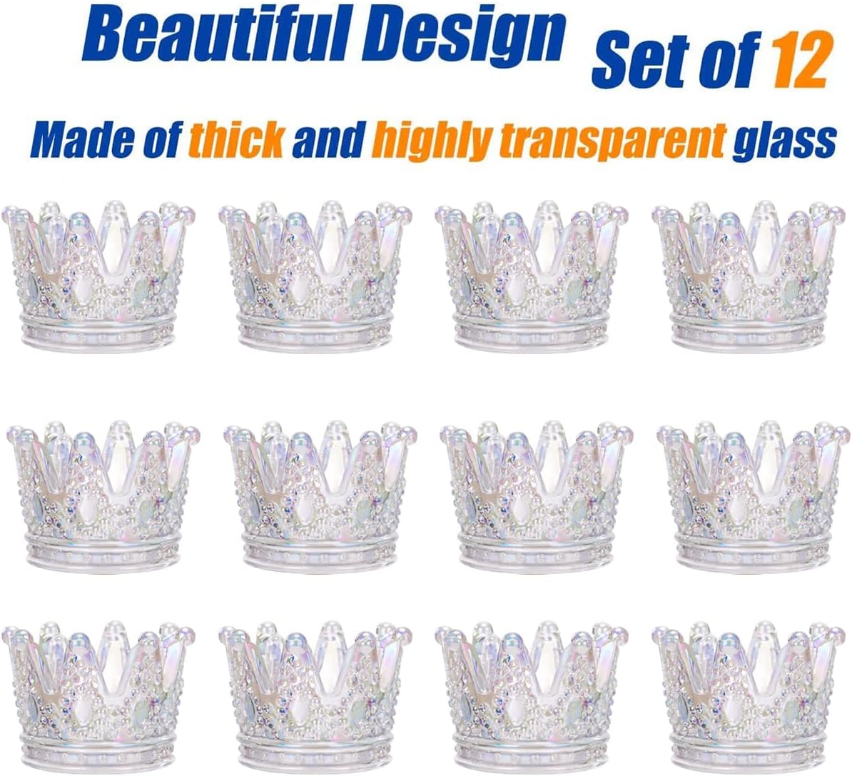 GOLDEAL 24 Pcs Colorful Crown Glass Tealight Holders Decorative,Votive Candle Holders Bulk,Candlestick for Wedding, Party,Dinner, Home Table Decor.