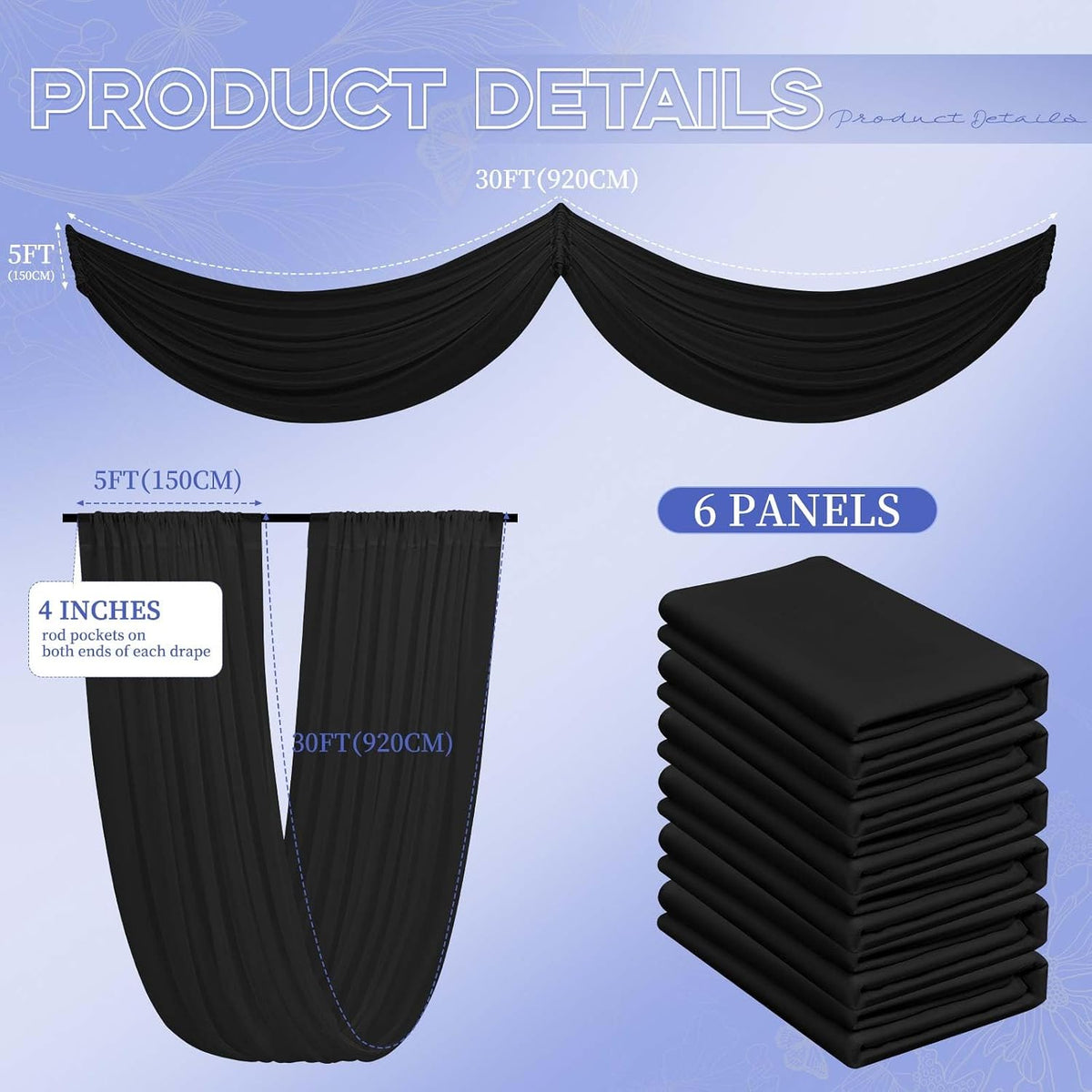 6 Panels Black Ceiling Drapes for Wedding 5ftx30ft Ceiling Drapes Wedding Arc...