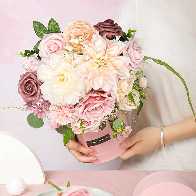 AmyHomie Blush Champagne Artificial Flowers Combo Silk Mix Peony Rose Fake Flowers w/Stem for DIY Wedding Bouquets Centerpieces Arrangements Table Fall Decor Party Bridal Baby Shower Home Decorations