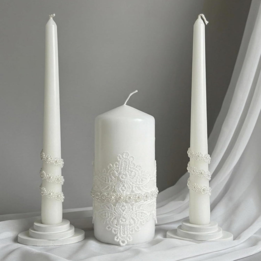 Unity Candle Set - Wedding Ceremony & Reception – 6” Pillar & Two 10” Taper Candles – Long Burning Unity Candles for Marriage Ritual – Handmade in USA – White | Lace