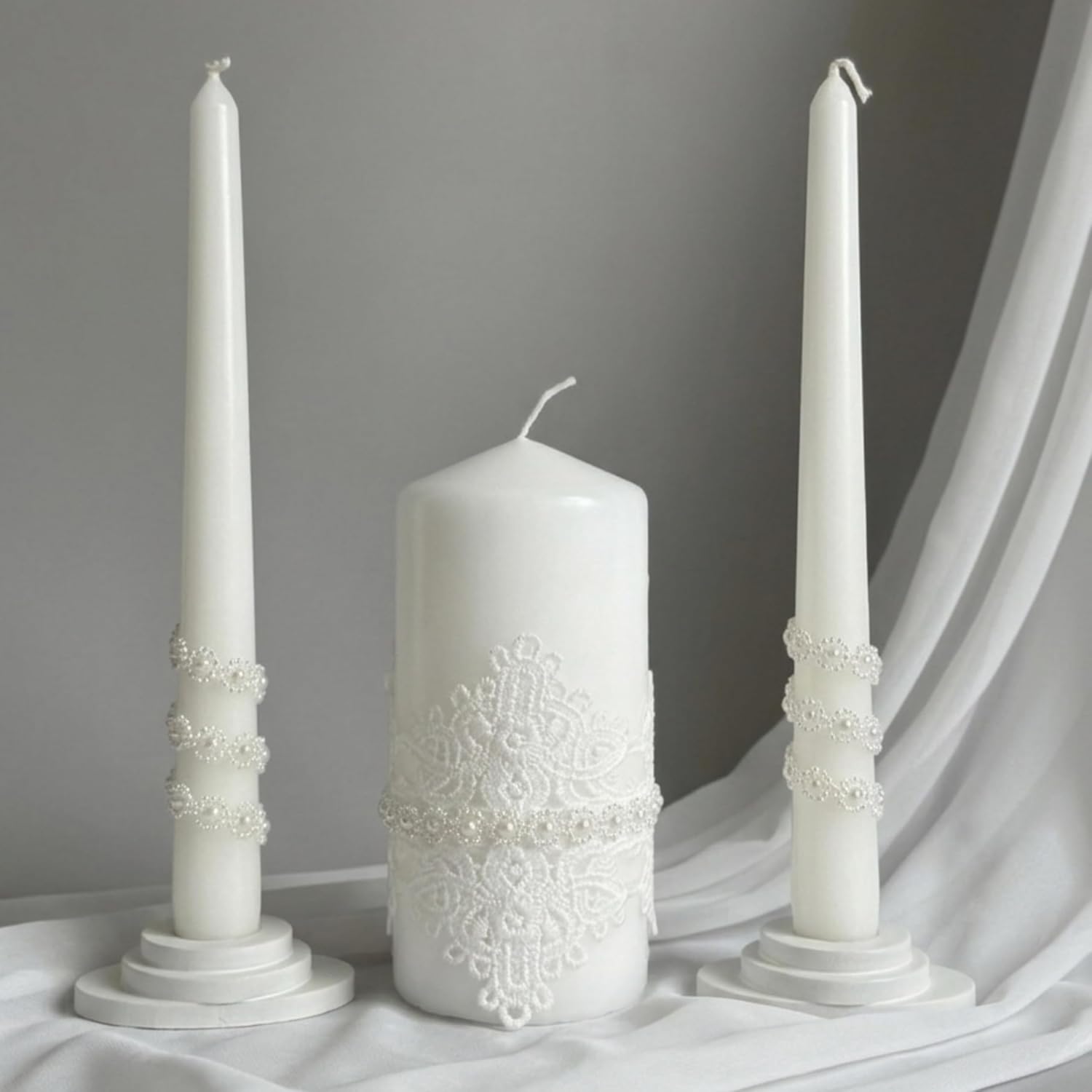 Unity Candle Set - Wedding Ceremony & Reception – 6” Pillar & Two 10” Taper Candles – Long Burning Unity Candles for Marriage Ritual – Handmade in USA – White | Lace
