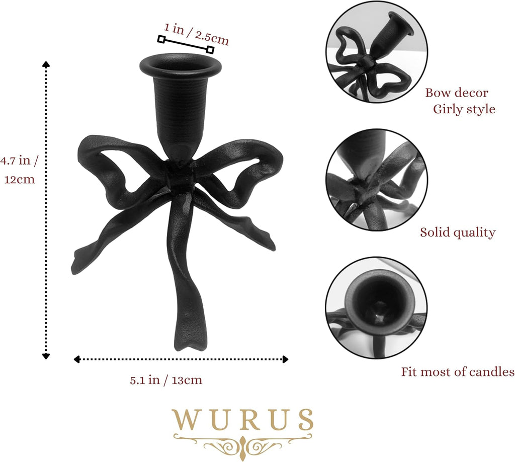 Bow Candle Holder, Bow Metal Taper Candle Holder 5" H x 4.81 W, Gold, Black, Decorative Candle Holders for Centerpiece, Table, Wedding (Black)