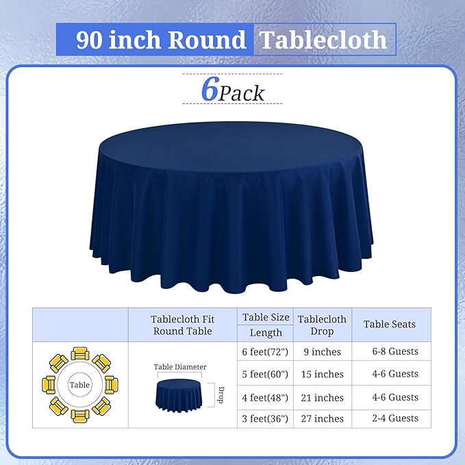 6 Pack Round Tablecloths - 90 Inch, Navy Blue Polyester Table Cover, Stain and Wrinkle Resistant Washable Fabric, Wedding Banquet Parties