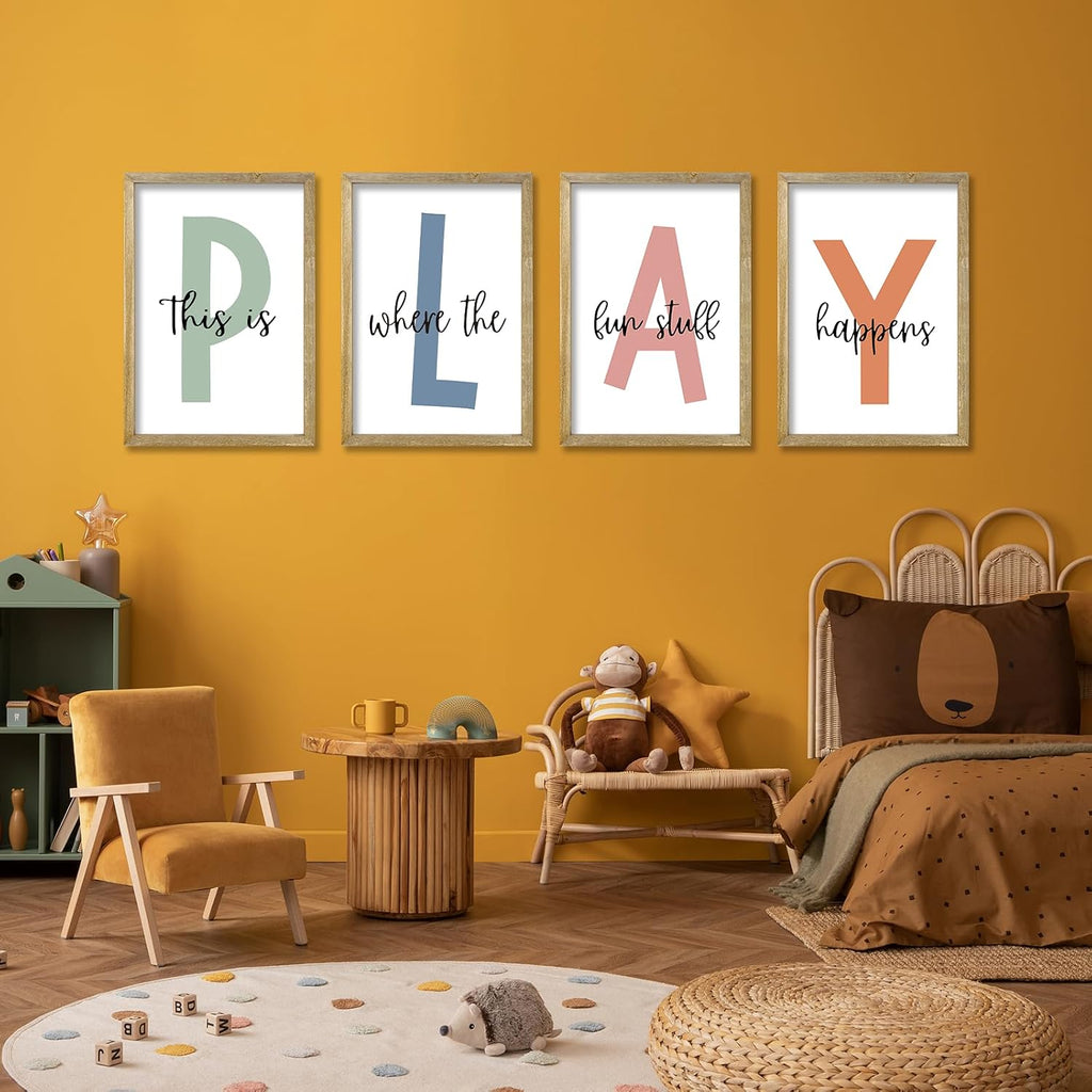 This Is Where The Fun Stuff Happens Kids Playroom Wall Art Decor 16x11 Inch Set Of 4 Rustic Kids Wood Framed Sign Toddler Modren Nursery Interesting Let's Play Prints Wall Hanging (Wood)