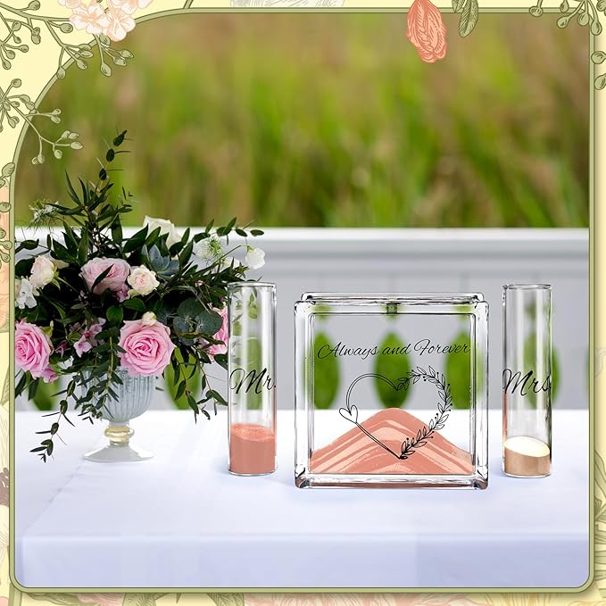 Wedding Unity Sand Set Include Vases Square Glass Jar Container 12 oz Sand for Blended Family Engagement Anniversary Bridal Party Outdoor Beach Decor(Light Colors,Heart)