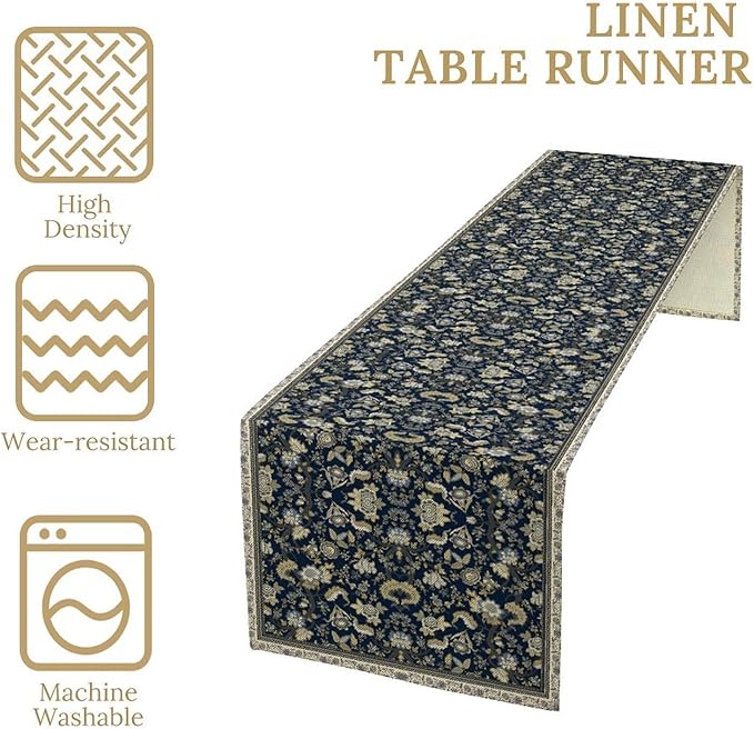 Vintage Boho Floral Table Runner, Morris Rustic Country Farmhouse Dark Blue Grey Retro Flower Pattern for Home Kitchen Table Decor Dining Coffee Room Party Decor 13x108in