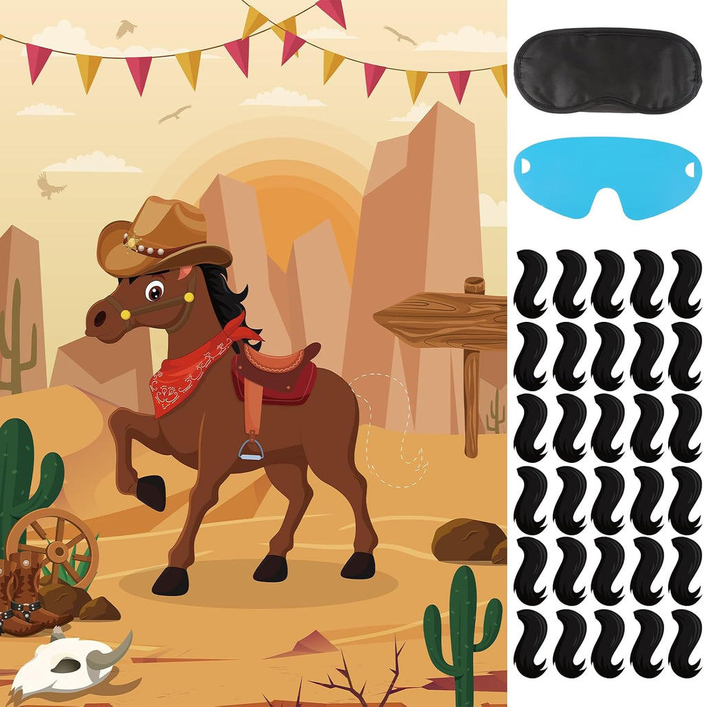 Hxezoc Pin The Tail On The Horse Game with 30 Pcs Tails Large Western Cowboy Horse Games Poster for Kids Cowboy Party Favor Western Birthday Party Carnival Party Supplies