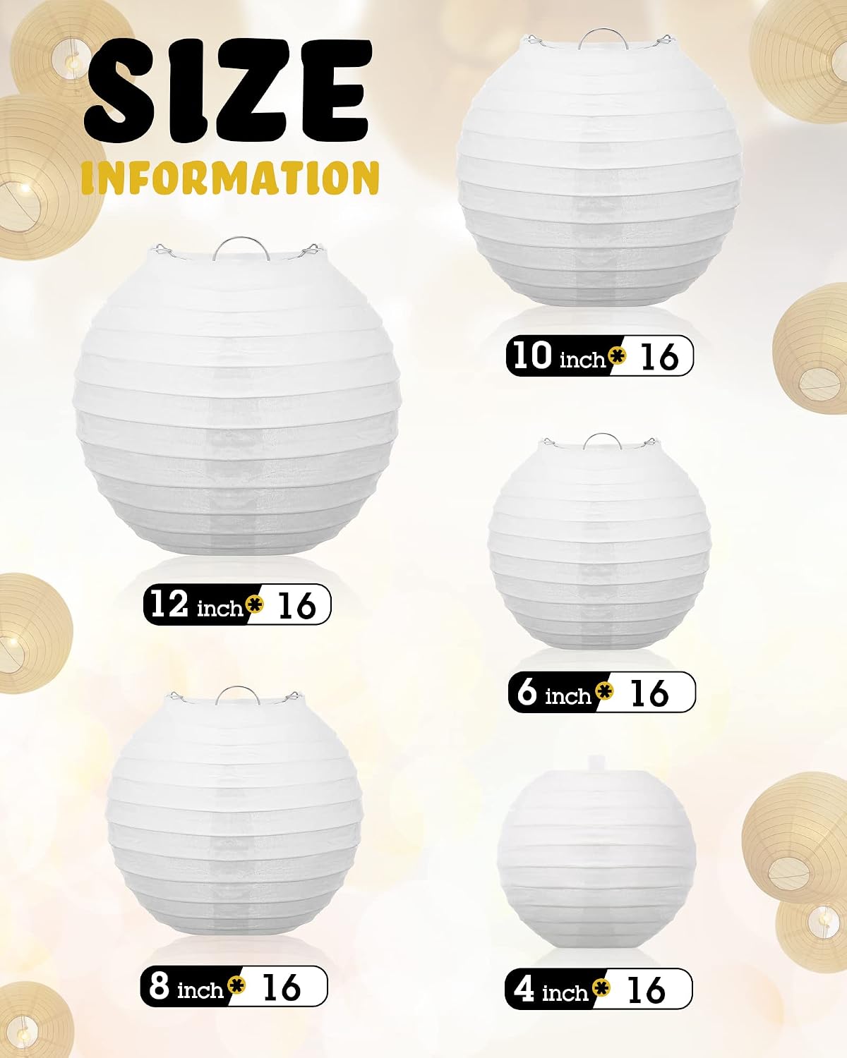 Treela Paper Lanterns Bulk, 5 Sizes, Round Chinese Lamp, White, 80 Pcs