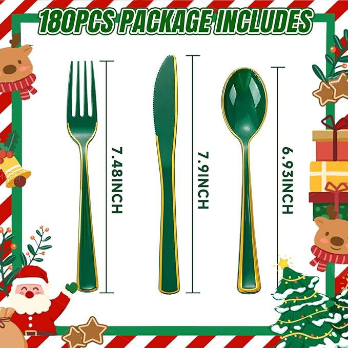 WDF 180PCS Green Plastic Silverware - Green Utensils 60 Forks, 60 Knives and 60 Spoons - Heavy Duty Christmas Plastic Cutlery for Party Supplies/Christmas