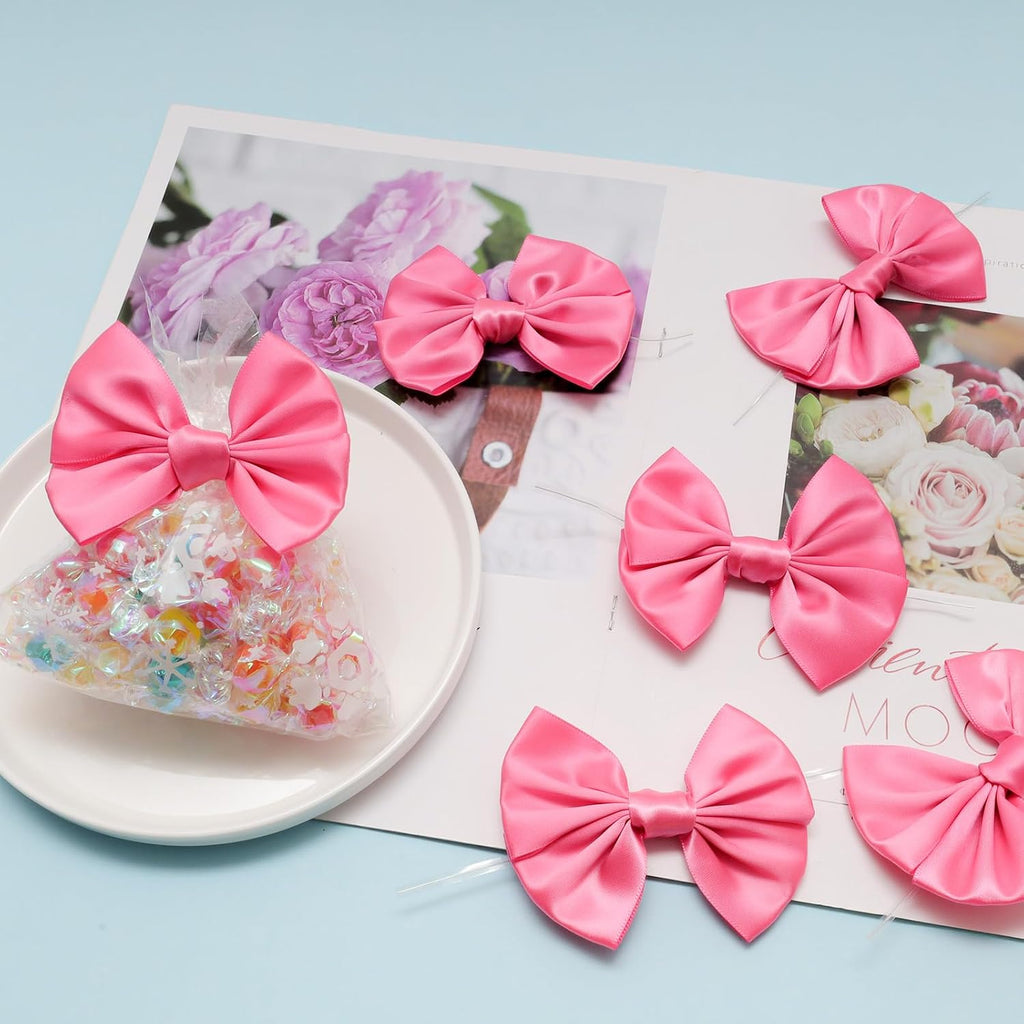 24 Pcs Satin Hot Pink Ribbon Twist Tie Bows for Treat Bags 3.5inches Pink Bows for Crafts Premade Bows Decorating Gifts Wrapping Bows for Pop Candy Apples Cake Bakery Wedding Party