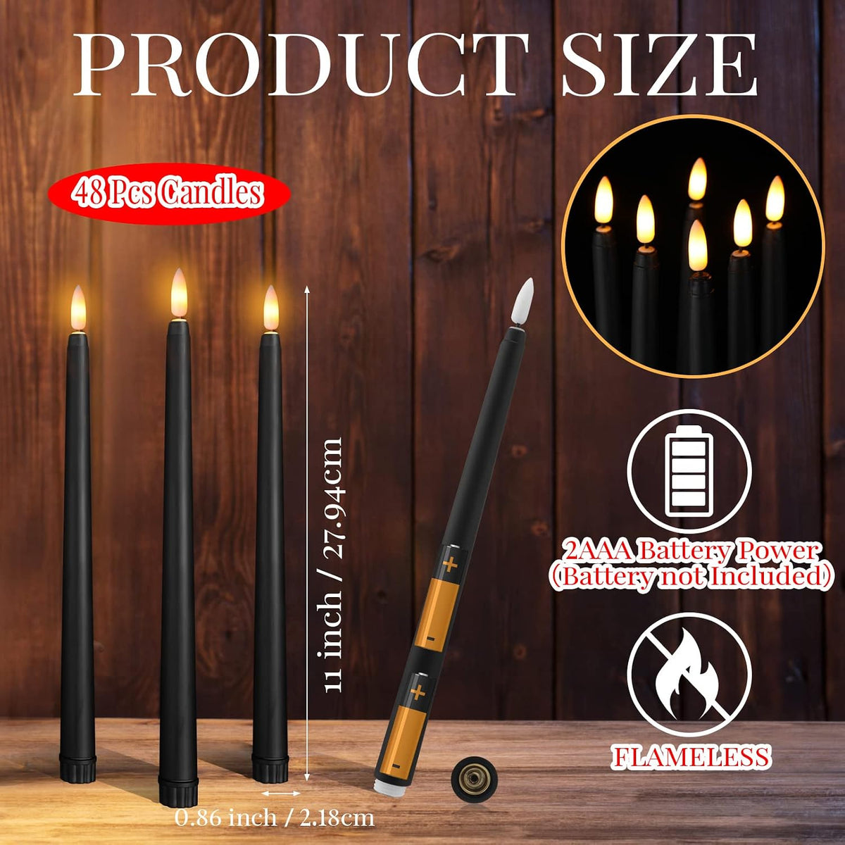Handepo 48 Pack Flameless LED Taper Candle, Black, 11 Inch
