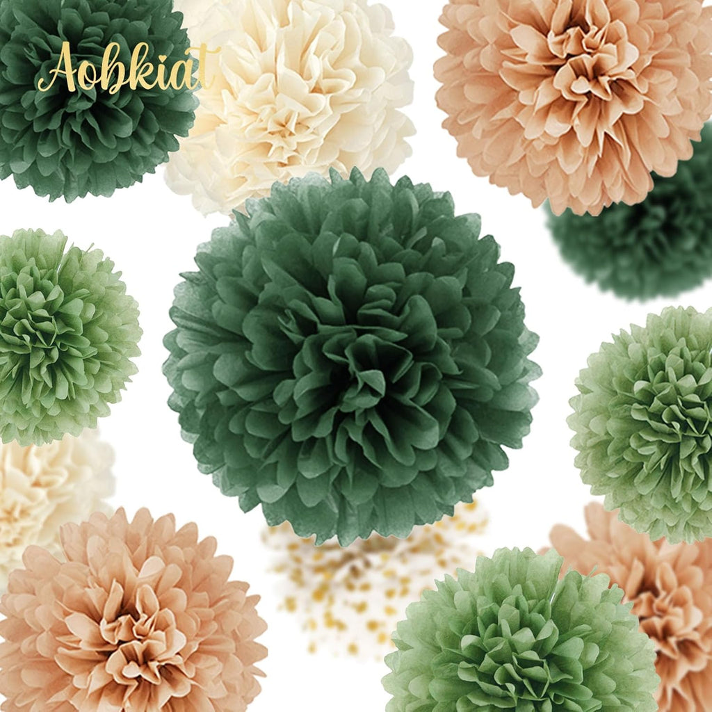 AOBKIAT Wedding Party Decorations Set,15PCS for Green Neutral Baby Shower | Green Khaki Tissue Paper Pom Poms,Garland String Hanging Backdrop for Engagement,Green Boho Themed,Bridal Shower