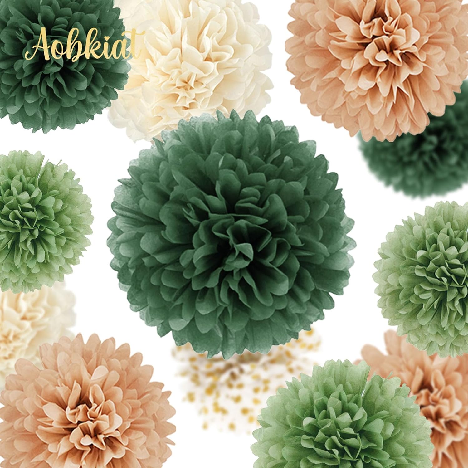 AOBKIAT Wedding Party Decorations Set,15PCS for Green Neutral Baby Shower | Green Khaki Tissue Paper Pom Poms,Garland String Hanging Backdrop for Engagement,Green Boho Themed,Bridal Shower