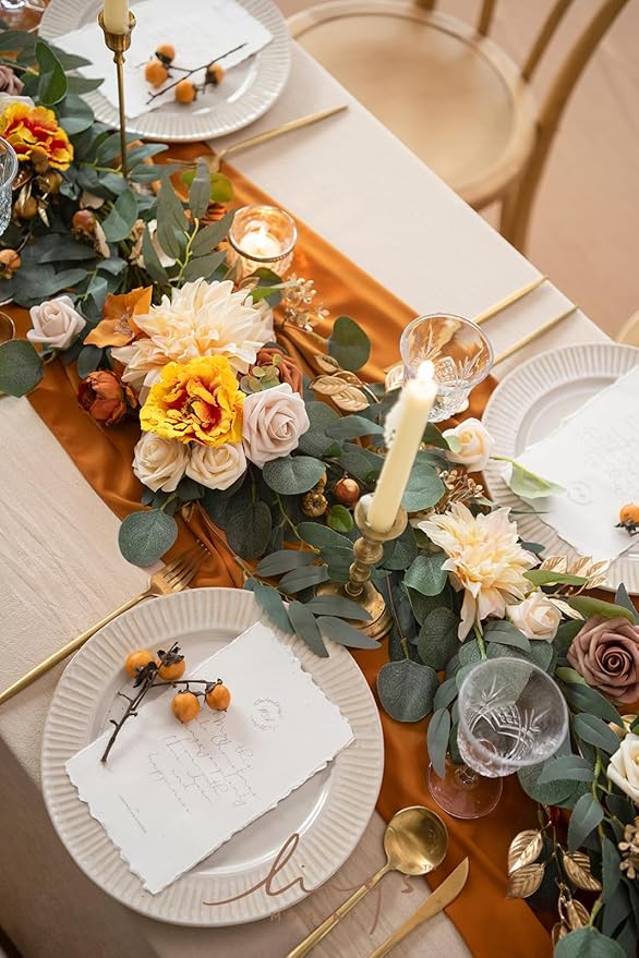 Ling's Moment Fall Flower Garland - 6FT Eucalyptus & Rose - Sweetheart Table Decor for Wedding Reception, Artificial Floral Garland for Mantle, Thanksgiving, Christmas Decoration, Sunset Terracotta