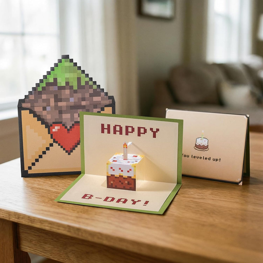 Crisky Large Video Game Birthday Bags with 3D Pop Up Cake Card, Tissue Papers, Pixel Boys Birthday Gift Bag for Teens Girls Men Women Gamer Party Decorations