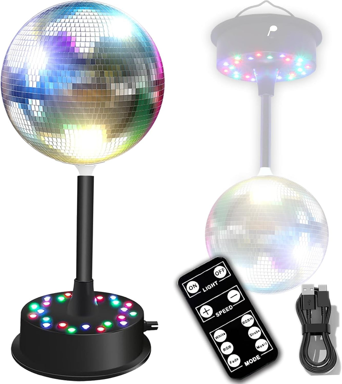 Mirrors Ball Light with Remote, 23 RGBW LED Adjustable Rotating Motor 5-10 RP...