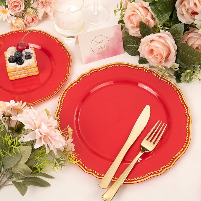 Hioasis 60pcs Red Plastic Plates - Red and Gold Disposable Dinnerware with Gold Rim, Heavy-duty, 7.5 inch, Dessert Plates for Party & Wedding