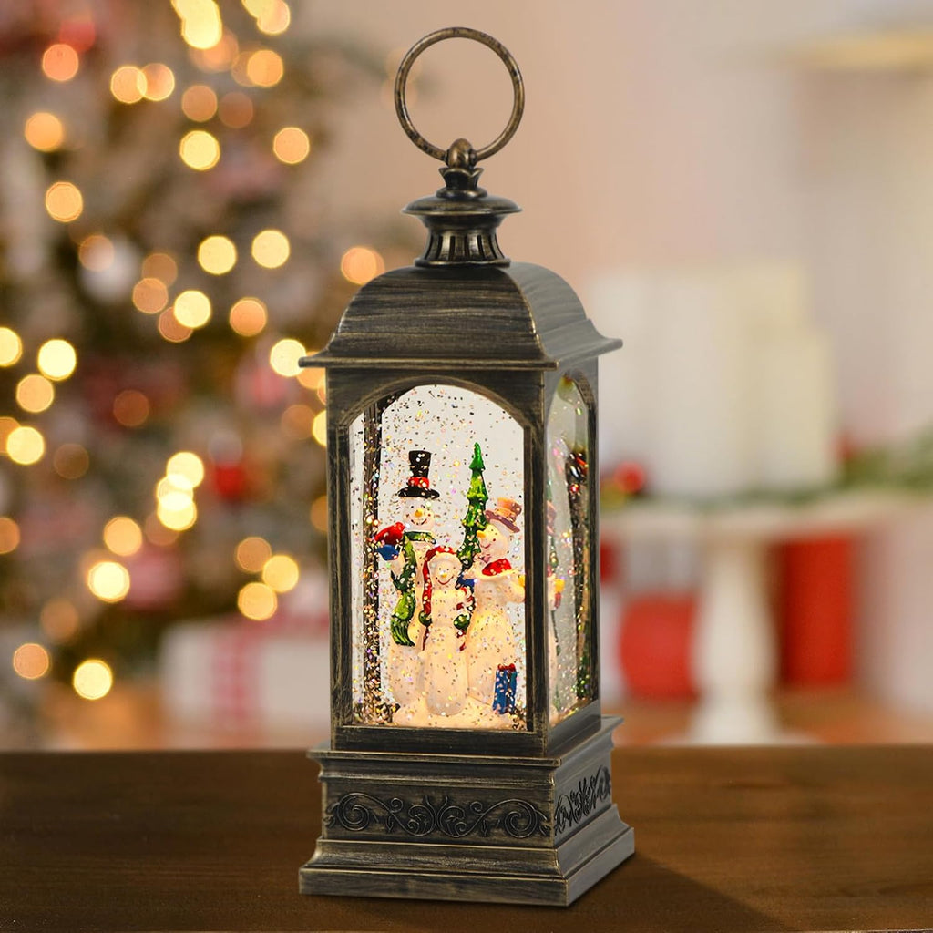 GenSwin Christmas Snow Globes with Music USB Rechargable Cable and Timer, Christmas Lantern Decorations Indoor, 1 Pcs Christmas Music Box with 3 Snowman for Festival Centerpieces