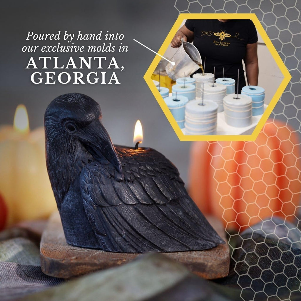 Big Dipper Wax Works Black Crow Candle – Handcrafted 100% Pure Beeswax, 4" × 3.5", Unscented, 24-Hour Clean Burn, Artisan Halloween Décor & Gothic Home Accent, Eco-Friendly Candle