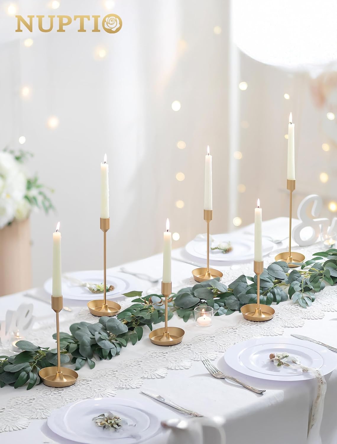 NUPTIO Taper Candle Holders for Centerpiece: Gold Candlestick Holders Bulk | 30 Pcs Tall Candleholders for Birthday Party, Brass Matte Candles Stick Decor Bulk Wax-catching Base for Table Fireplace